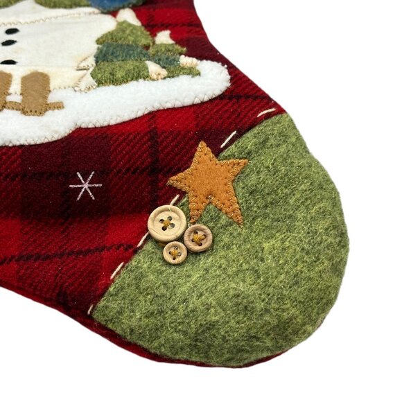 Vintage Christmas Stocking With Snowman Button Accents 18" Holiday Decoration - Picture 4 of 11